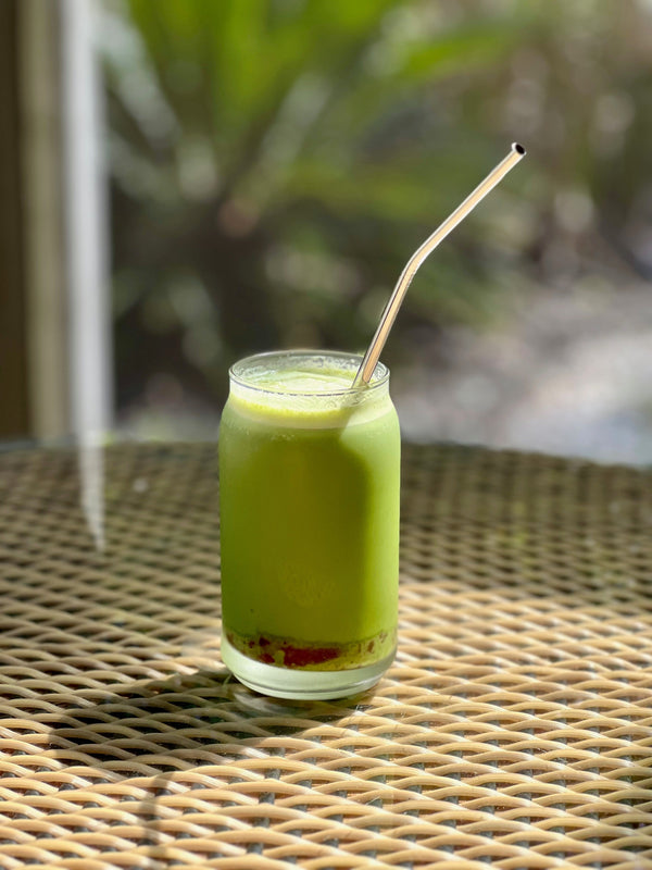 STRAWBERRY MATCHA LATTE ON THE TABLE