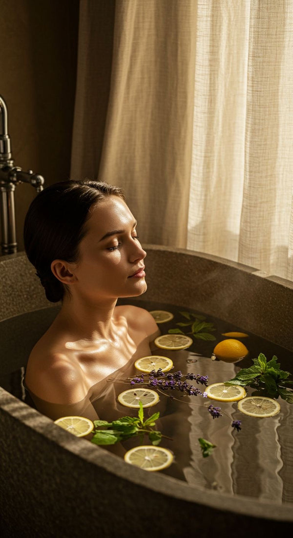 The woman in the bathtub sitting and relaxing