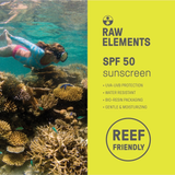 Swimmer underwater promoting Raw Elements SPF 50 reef-friendly mineral sunscreen