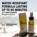 Raw Elements SPF 50 water-resistant mineral sunscreen lasting up to 80 minutes