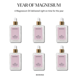“Year of Magnesium” bundle showing six Behrhaus Rose Magnesium Oil bottles arranged in two rows, with text indicating “6 Magnesium Oil delivered right on time for the year,” on a clean white background.