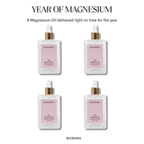 “Year of Magnesium” bundle showing six Behrhaus Rose Magnesium Oil bottles arranged in two rows, with text indicating “4 Magnesium Oil delivered right on time for the year,” on a clean white background.