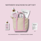 Mother’s magnesium gift set for Mother’s Day with rose magnesium oil, 4 single use restorative bath soak, and pink tote bag