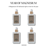 “Year of Magnesium” bundle showing six Behrhaus Vanilla Magnesium Oil bottles arranged in two rows, with text indicating “4 Magnesium Oil delivered right on time for the year,” on a clean white background.