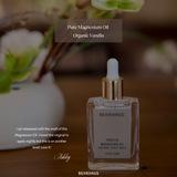 Behrhaus Vanilla Magnesium Oil dropper bottle on a wooden surface vanilla pods, designed for calming, sleep support, and muscle relaxation.