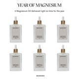“Year of Magnesium” bundle showing six Behrhaus Magnesium Oil bottles arranged in two rows, with text indicating “6 Magnesium Oil delivered right on time for the year,” on a clean white background.