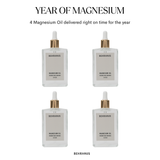 “Year of Magnesium” bundle showing six Behrhaus Magnesium Oil bottles arranged in two rows, with text indicating “4 Magnesium Oil delivered right on time for the year,” on a clean white background.