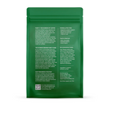 Green coffee package with information and a QR code on a white background