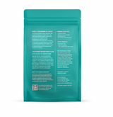 Teal coffee package with text and a QR code on a white background
