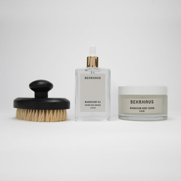 the retreat gift set which is a dry brush, magnesium oil and magnesium body scrub