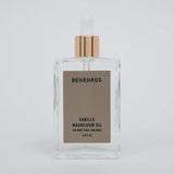 Behrhaus Vanilla Magnesium Oil in a clear glass bottle with a gold pump, labeled “Magnesium Oil for body, scalp, and nails (3.4 fl oz),” displayed against a clean white background.